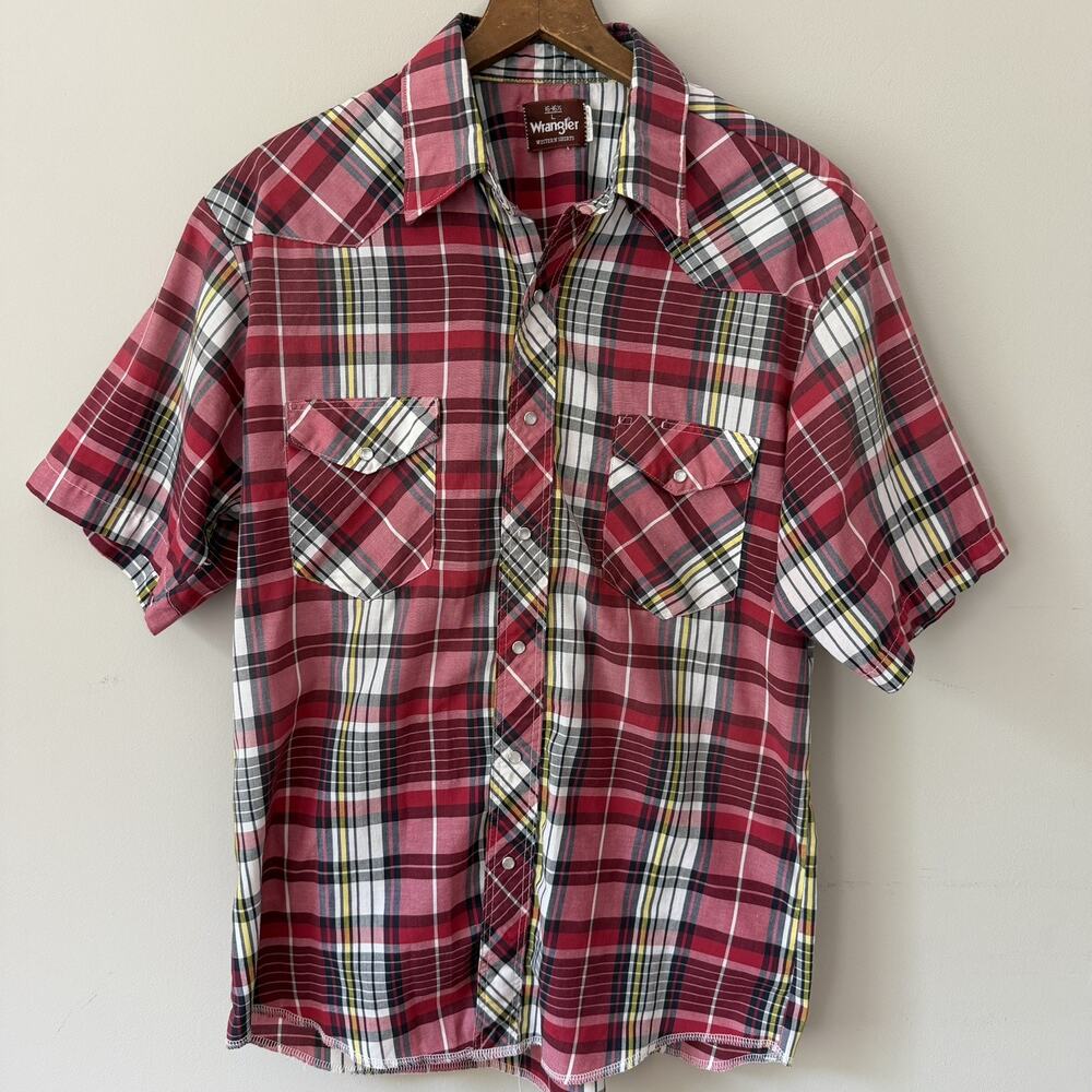 Wrangler 80s 90s Red Plaid Western Pearl Snap Shirt Mens Size L Cowboy Rodeo VTG